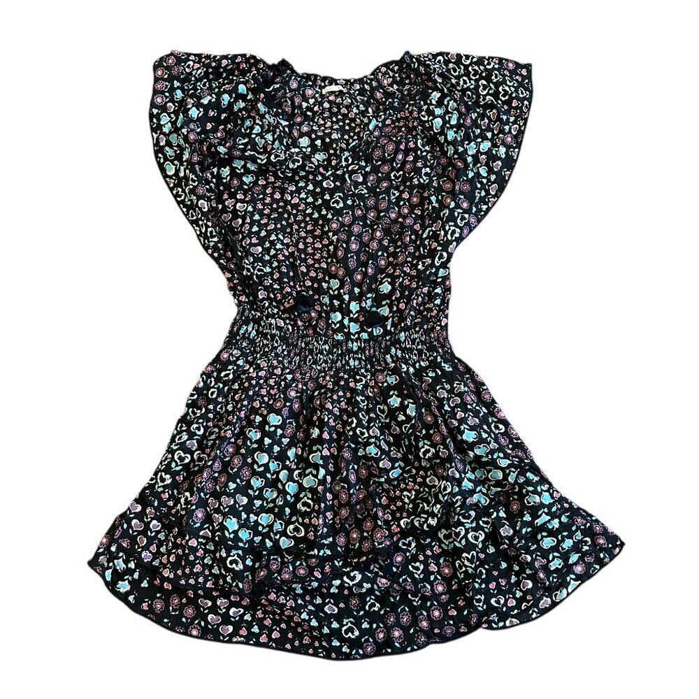 Poupette St. Barth Black Floral Heart Print Mini Dress Short Sleeves Size Small
